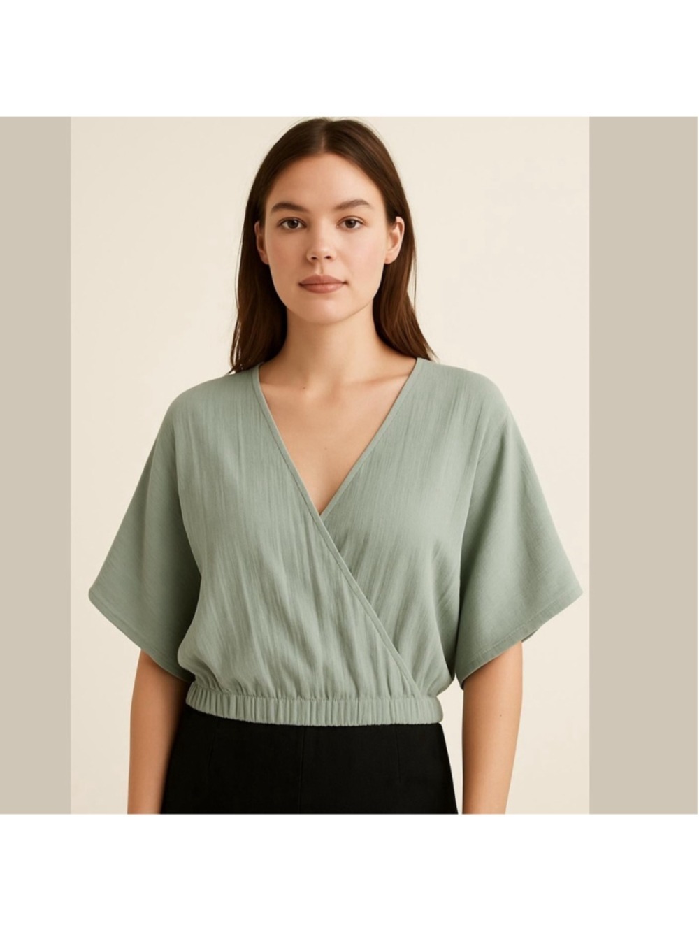 LUQ Anthropologie Hade cropped wrap top green 100% Cotton kimono sleeves Large